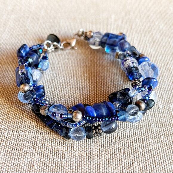 Blue Chunky Glass Multi Strand Bracelet Sterling Silver 925 Heart Clasp - Picture 1 of 9